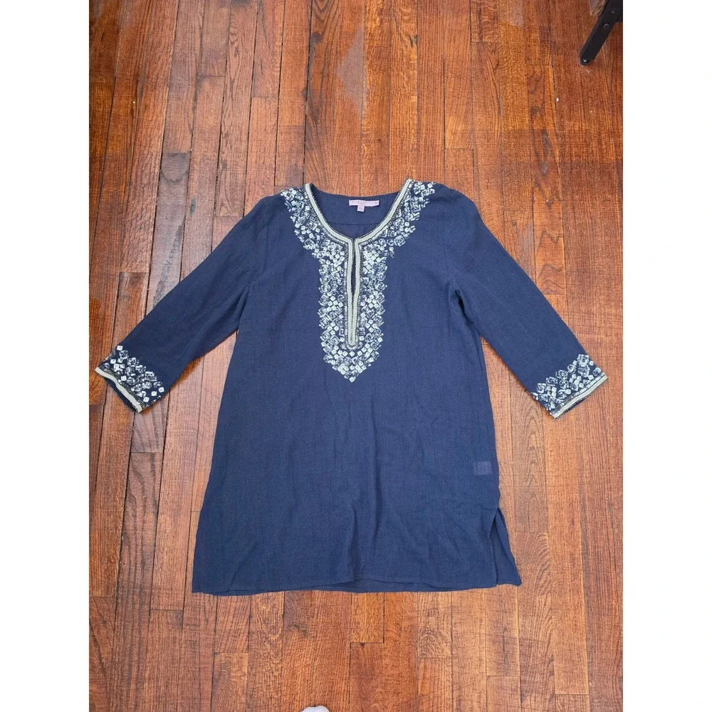 Calypso St Barth Navy Blue Sequin Gauze Ligthweight Boho Resort Beach Tunic S - Picture 2 of 8
